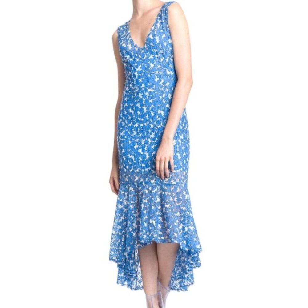 Tracy Reese Blue Lace Ruffle Hem Midi Dress